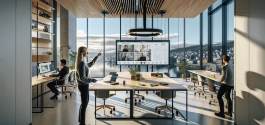 Hybrid meeting in a modern oslo office with ai tools and flexible spaces