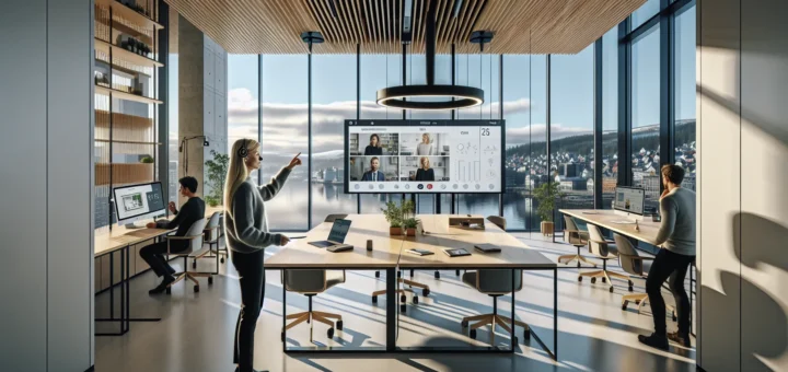 Hybrid meeting in a modern oslo office with ai tools and flexible spaces