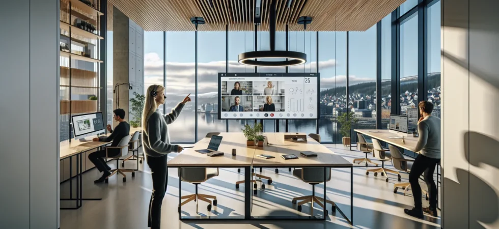 Hybrid meeting in a modern oslo office with ai tools and flexible spaces