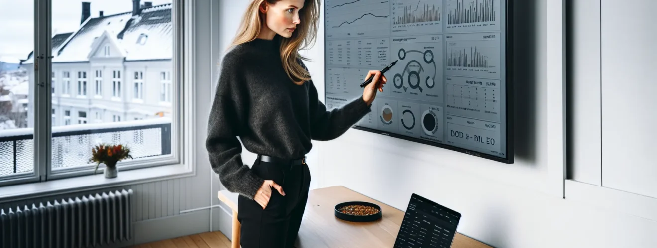 Norwegian analyst reviews dashboards in a bright oslo office on a winter morning