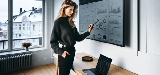 Norwegian analyst reviews dashboards in a bright oslo office on a winter morning