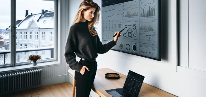 Norwegian analyst reviews dashboards in a bright oslo office on a winter morning