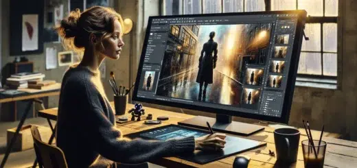 Norwegian artist refining ai generated images in a bright oslo studio