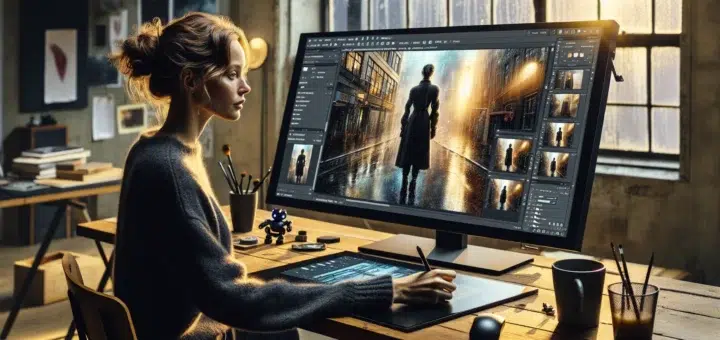 Norwegian artist refining ai generated images in a bright oslo studio