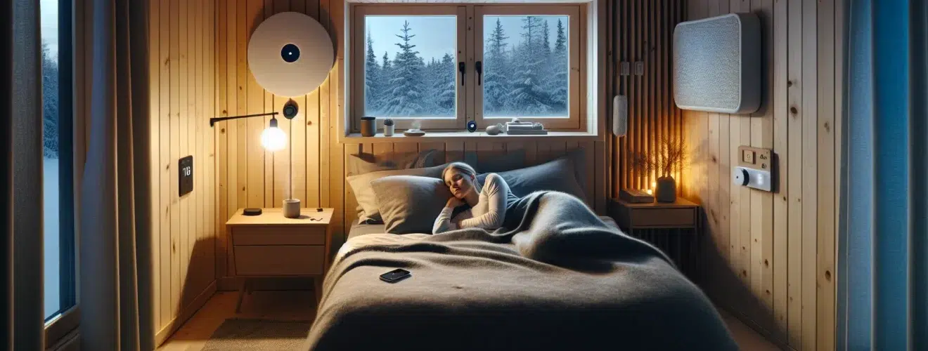 Norwegian bedroom with subtle sleep tech and a woman dozing peacefully