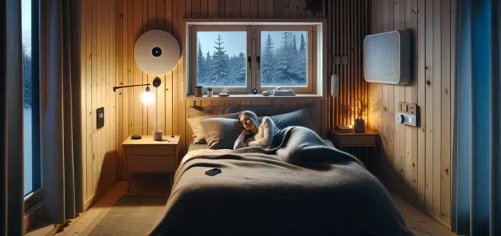 Norwegian bedroom with subtle sleep tech and a woman dozing peacefully