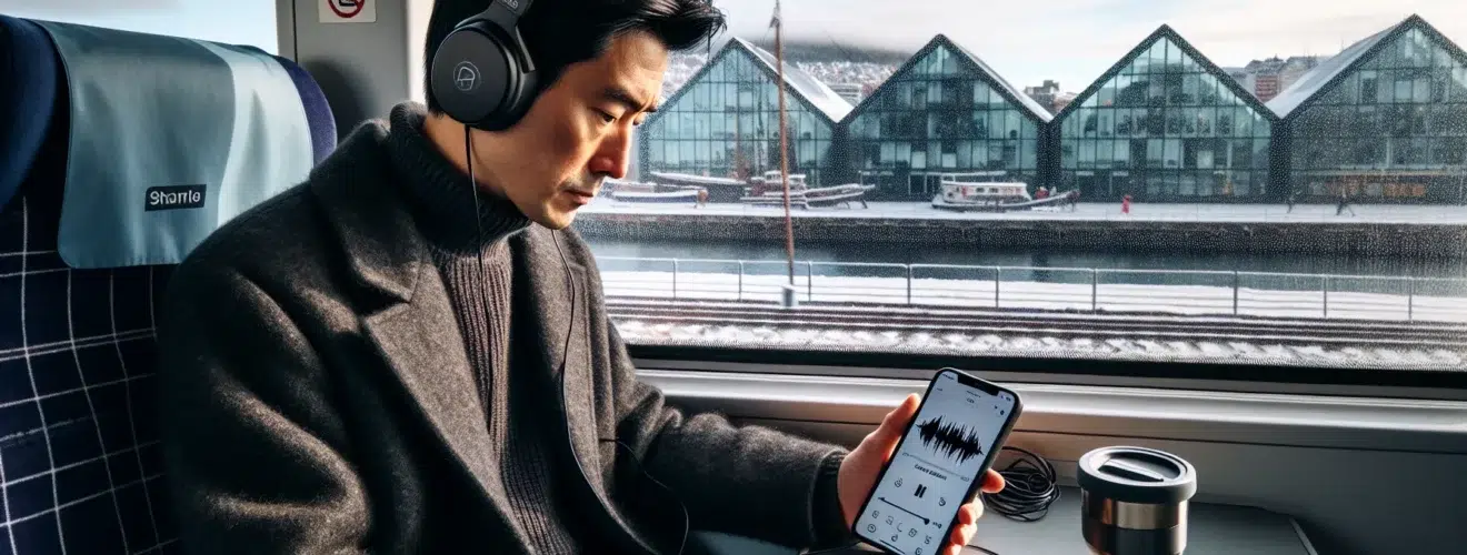 Norwegian commuter listening to tech podcasts on a winter train in oslo