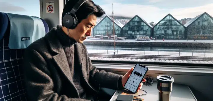 Norwegian commuter listening to tech podcasts on a winter train in oslo