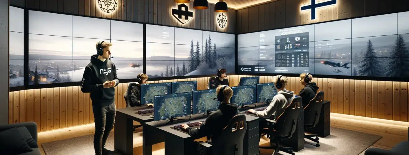 Norwegian esports team training in a modern studio with pcs and mobile