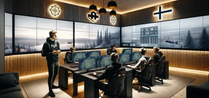 Norwegian esports team training in a modern studio with pcs and mobile