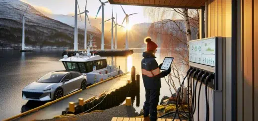 Norwegian harbor with wind turbines electric ferry ev charging and smart grid engineer