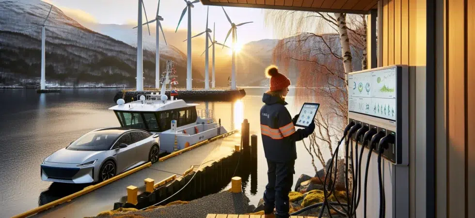 Norwegian harbor with wind turbines electric ferry ev charging and smart grid engineer