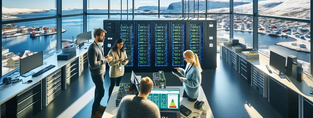 Norwegian it team reviewing energy metrics beside efficient servers and refurbished laptops
