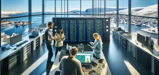 Norwegian it team reviewing energy metrics beside efficient servers and refurbished laptops