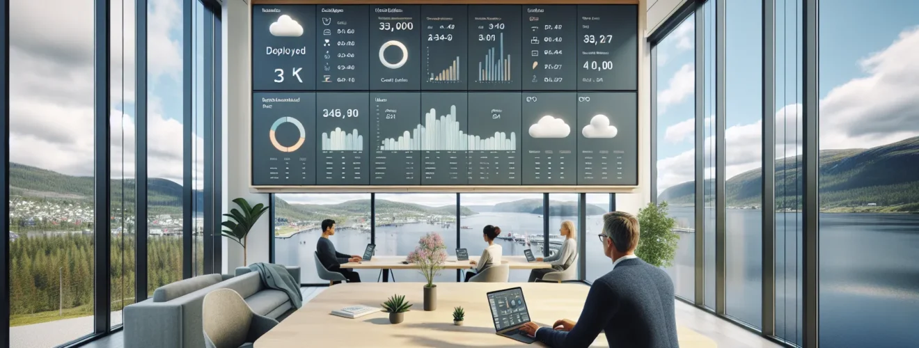 Norwegian office team reviews cloud cost security and scaling dashboard together