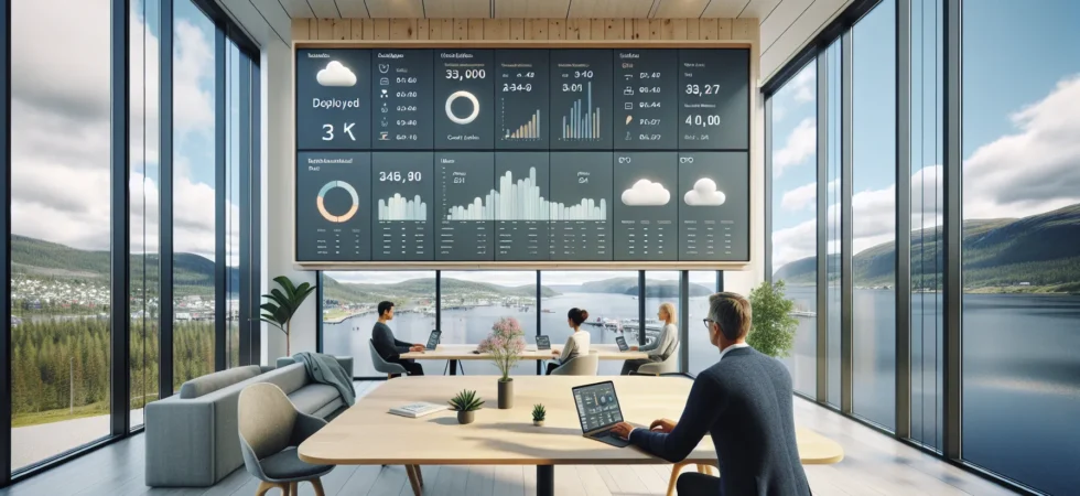 Norwegian office team reviews cloud cost security and scaling dashboard together