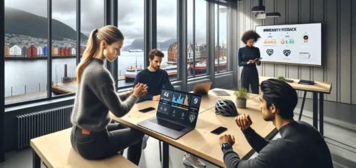 Norwegian professionals using gamified learning tools with progress bars and badges