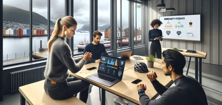 Norwegian professionals using gamified learning tools with progress bars and badges