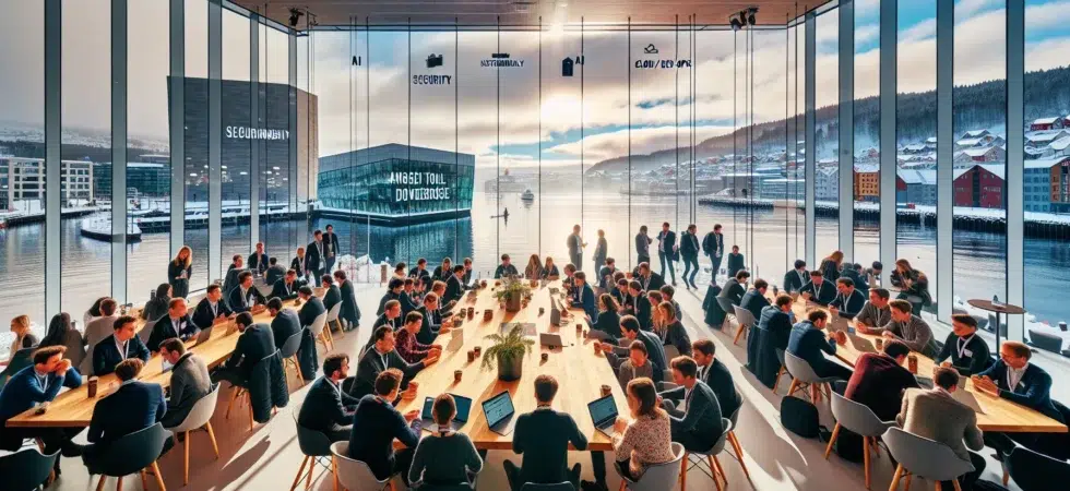 Professionals at a nordic tech conference discussing ai security and sustainability