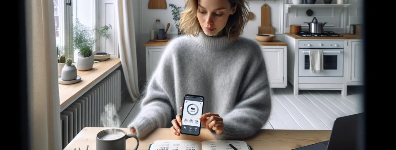 Woman in oslo reviewing norwegian personal finance apps on her smartphone